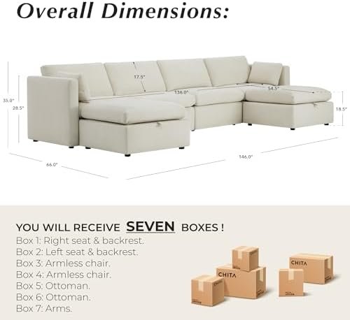 CHITA 146" Modular Sectional (6-Seat) in Linen, FSC-Certified Hardwood