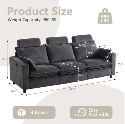 GUEAPY 92" Power Reclining Cloud Sofa with Storage & USB Ports