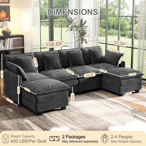 Hanherry 107" Modular Cloud Sectional (4-Seat) with Ottoman, Double Cushions