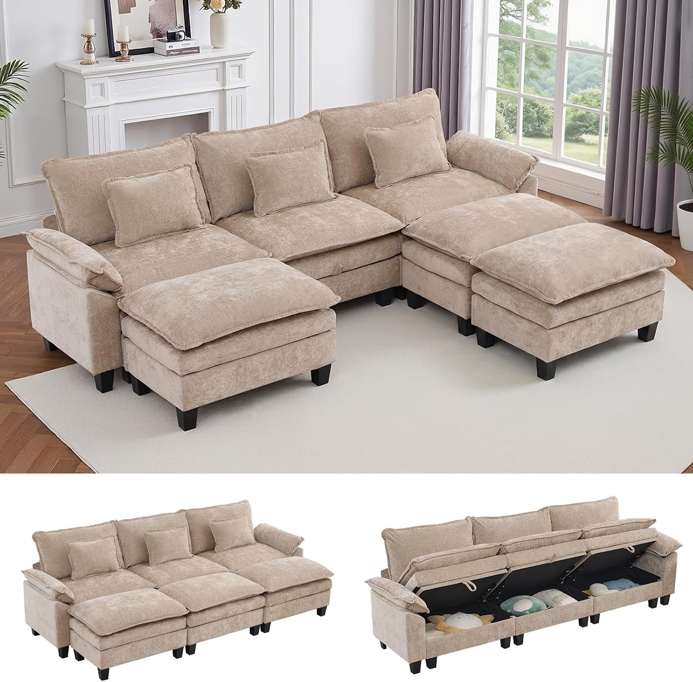 IPKIG 117" C-Shape Modular Cloud Couch with Storage