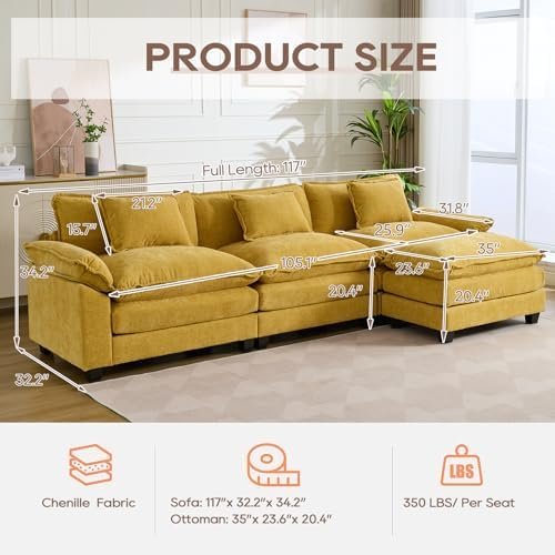 IPKIG 154" L-Shaped Cloud Sectional (3-Seat + Ottoman)