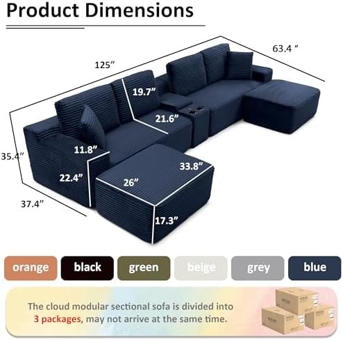 ivoros 125" U-Shape Boneless Cloud Sectional with Storage Console & USB