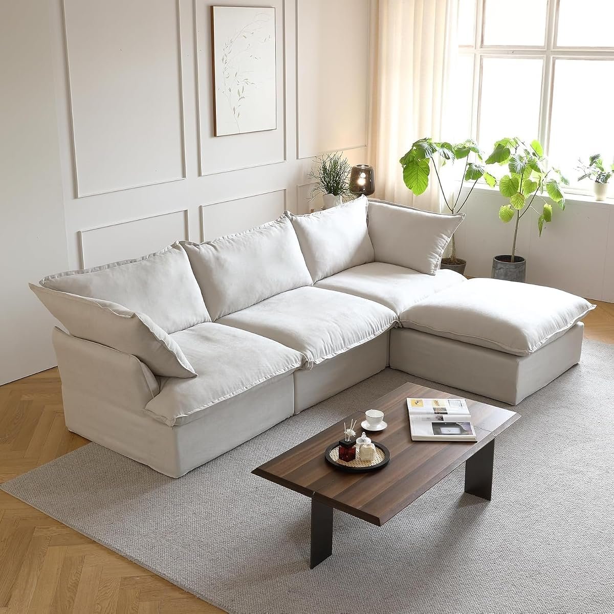 JACH 123" L-Shape Cloud Sectional with Chaise Ottoman