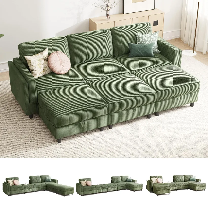 KKL 6-Seat Convertible Sofa Bed with Storage Ottoman, Washable Covers