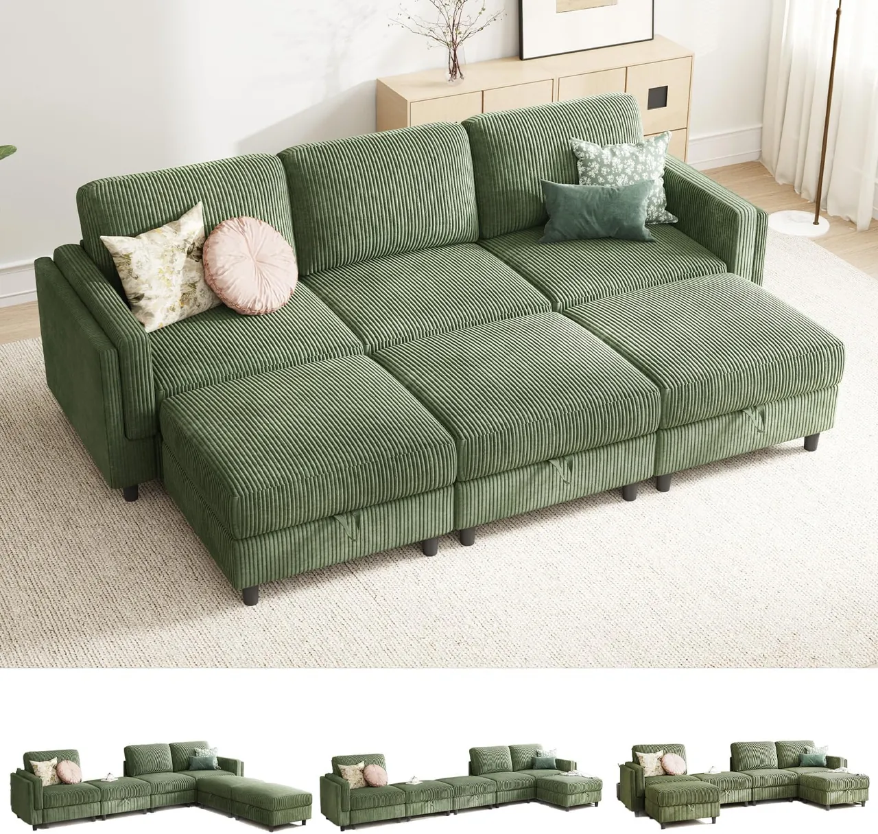 KKL 6-Seat Convertible Sofa Bed with Storage Ottoman, Washable Covers