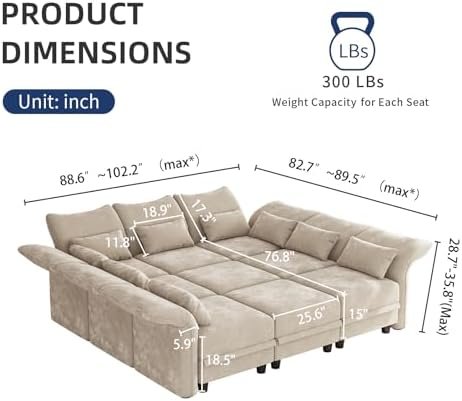 LLappuil 102" Modular Cloud Sectional with Storage Seats & Adjustable Arms (9-Seat)