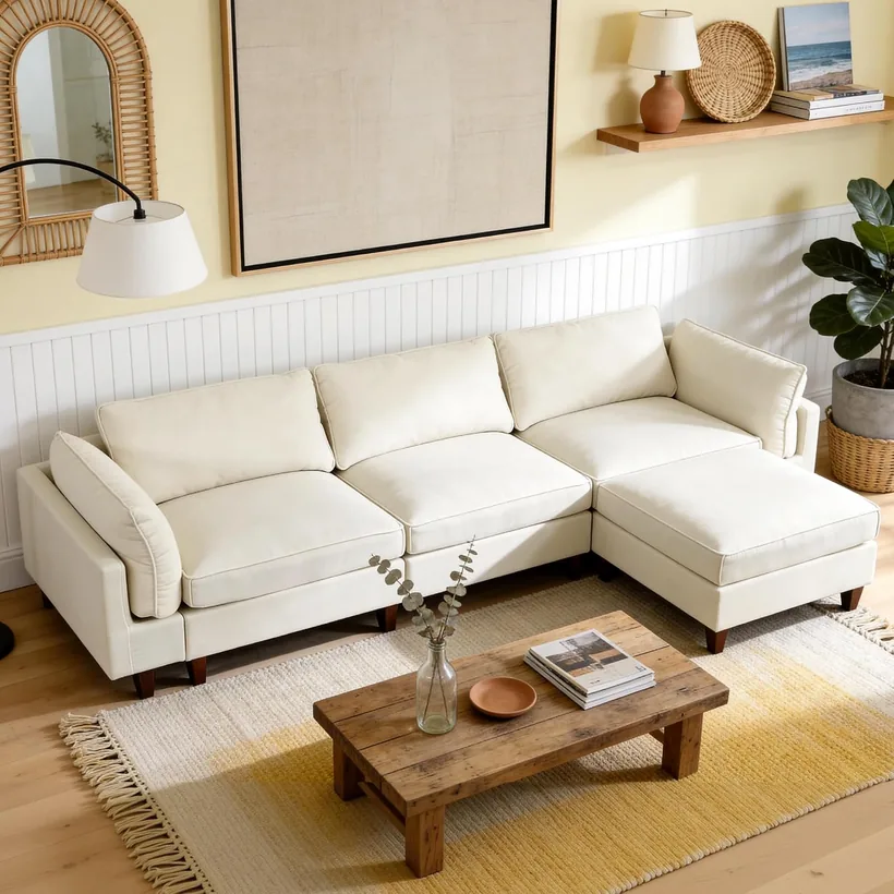 MastonHome 126" L-Shape Down-Filled Sectional in Linen, Washable Covers