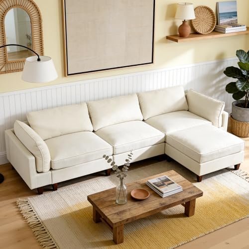 MastonHome 126" L-Shape Down-Filled Sectional in Linen, Washable Covers