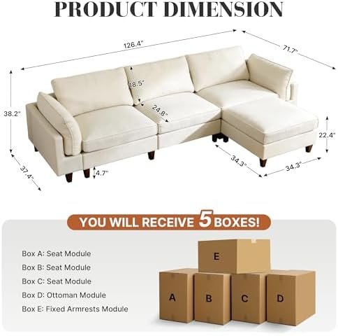 MastonHome 126" L-Shape Down-Filled Sectional in Linen, Washable Covers