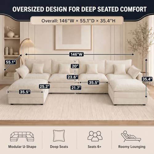 Natmen 146" U-Shape Cloud Sectional (6-Seat + 2 Ottomans)