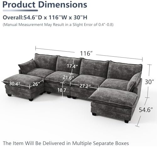 OhaiAura 116" U-Shape Modular Sectional (6-Seat) with 2 Movable Ottomans