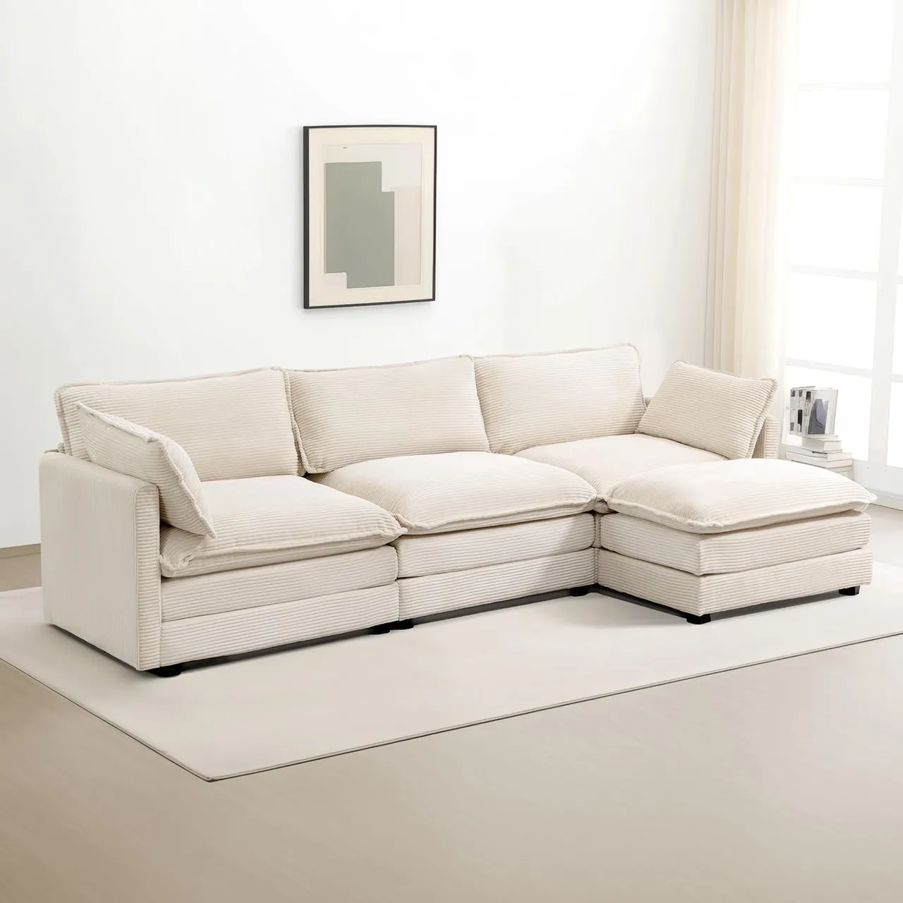 ROWHY 112" L-Shape Modular Cloud Couch (4-Seat) in Corduroy, Deep Seat