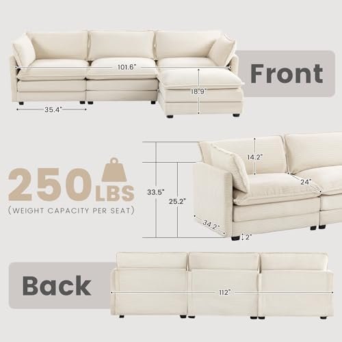 ROWHY 112" L-Shape Modular Cloud Couch (4-Seat) in Corduroy, Deep Seat