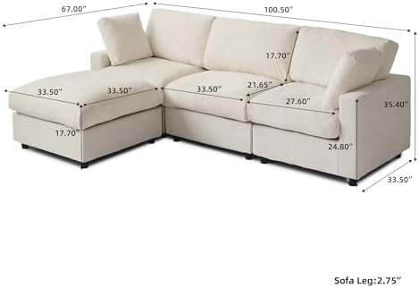 WJShome 100" Modular L-Shape Cloud Sectional with Ottoman