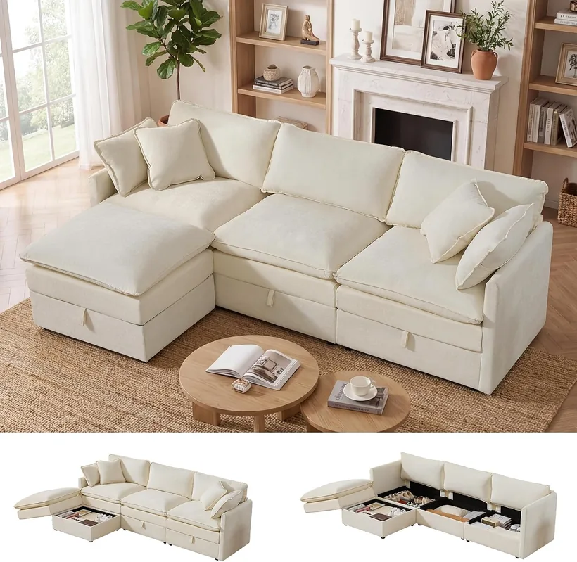 WorthFurni 103" Modular Cloud Sectional with Storage Ottomans