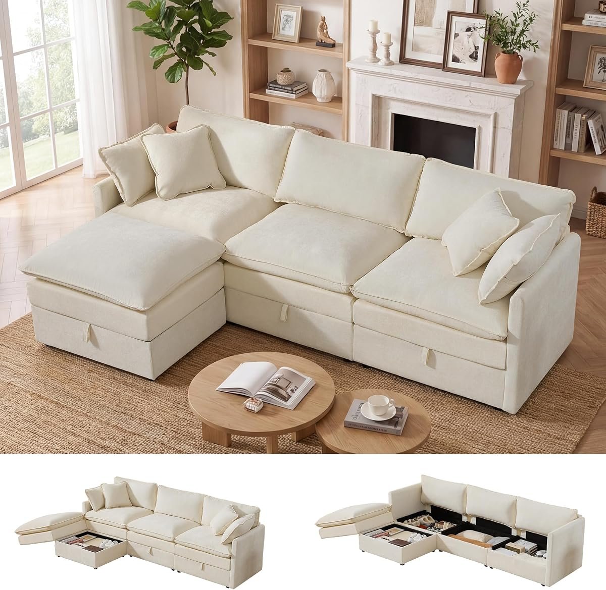 WorthFurni 103" Modular Cloud Sectional with Storage Ottomans