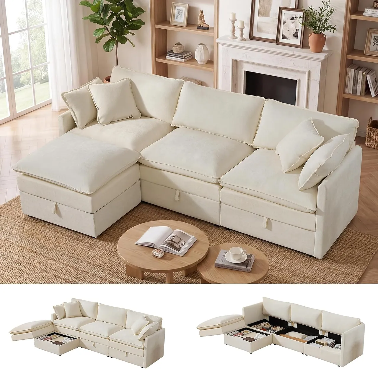WorthFurni 103" Modular Cloud Sectional with Storage Ottomans