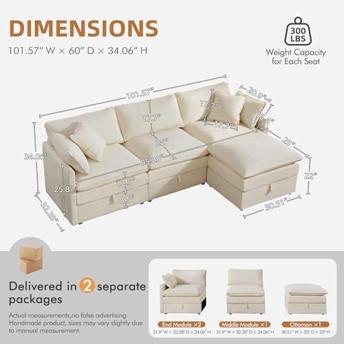 WorthFurni 103" Modular Cloud Sectional with Storage Ottomans