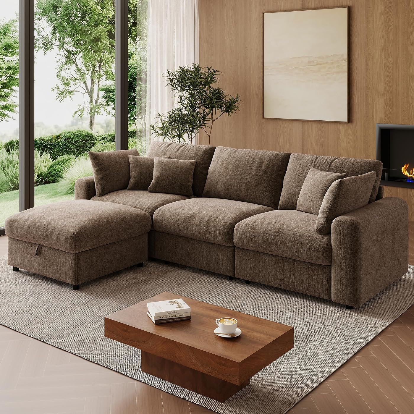 WorthFurni 110" Convertible L-Shape Cloud Sectional with Storage Ottoman