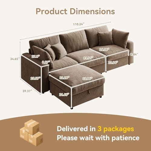 WorthFurni 110" Convertible L-Shape Cloud Sectional with Storage Ottoman