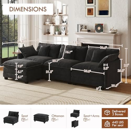 WorthFurni 111" L-Shape Cloud Sectional (3-Seat) with Deep Seat Cushions