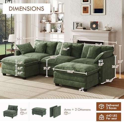 WorthFurni 111" U-Shape Cloud Sectional (5-Seat) with 2 Movable Ottomans