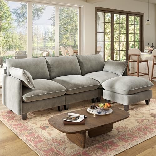 WorthFurni Snow Puff 105" L-Shape Cloud Sectional with Movable Ottomans