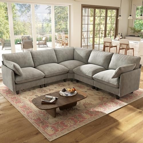 WorthFurni Snow Puff 107" V-Shape Cloud Sectional (5-Seat) with Ottomans