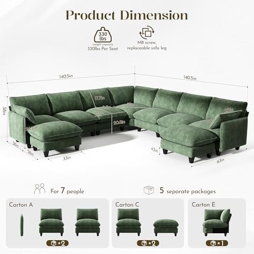 WorthFurni Snow Puff 141" Oversized V-Shape Cloud Sectional (9-Seat)