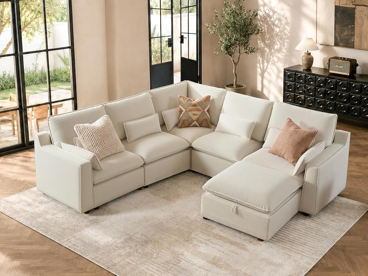 WorthFurni 105" V-Shape Cloud Sectional (6-Seat, with Storage)
