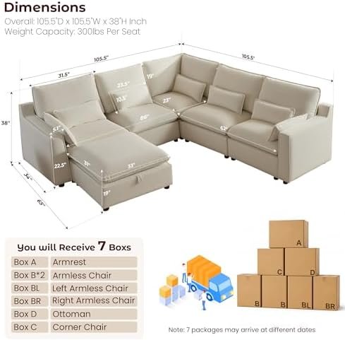 WorthFurni 105" V-Shape Cloud Sectional (6-Seat, with Storage)